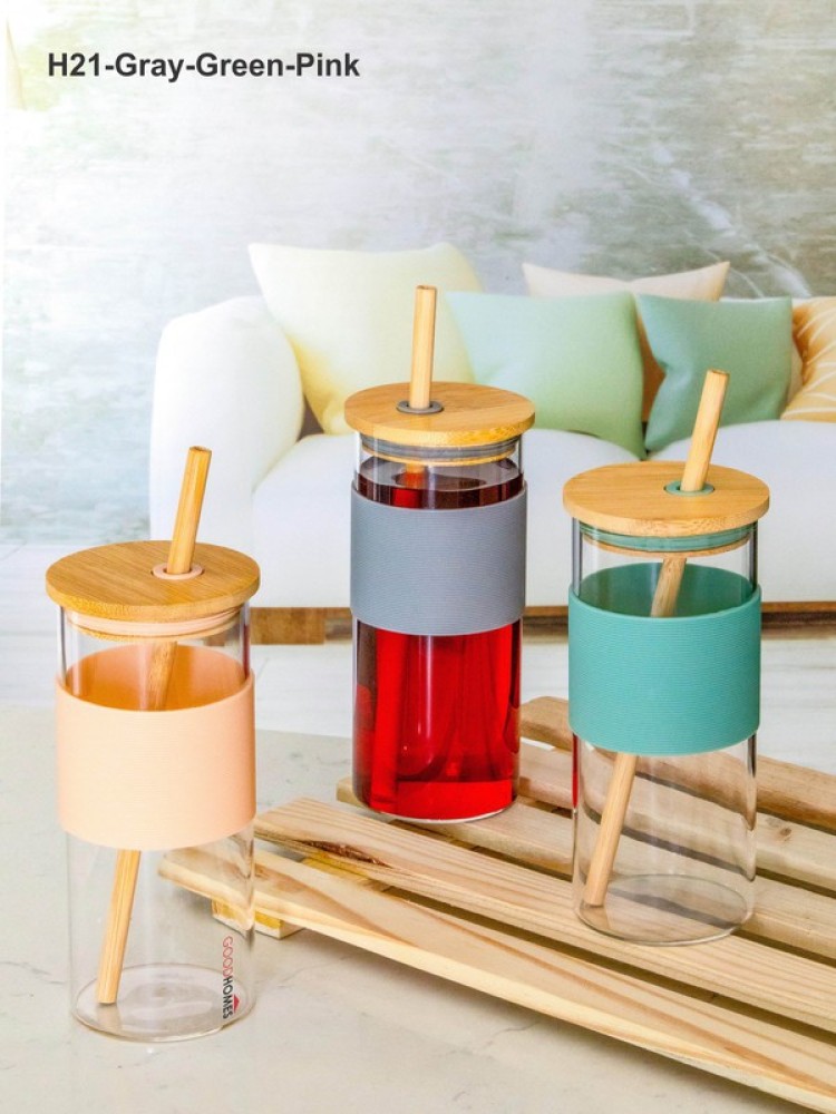 Goodhomes Borosilicate Glass Tumbler With Glass Straw & Wooden Lid