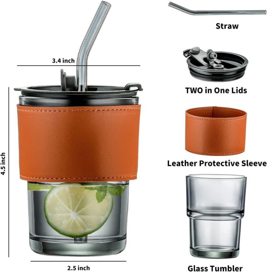 1pc Gray Black Glass Cup With Straw, Leather Cover And Lid, 350ml