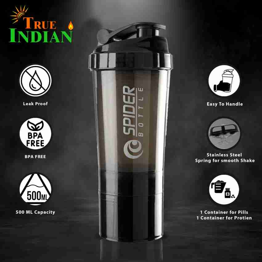 COOL INDIANS SHAKER BOTTLE FOR GYMBPA-FREE AND 100% LEAK-PROOF PROTEIN  SHAKER BOTTLE WITH 2 EXTRA STORAGE COMPARTMENT (500ML SHAKER) (BLACK) 