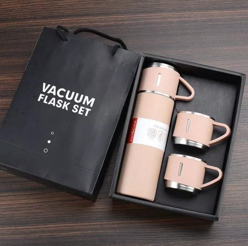 Pink Steel Vacuum Flask With 3 Tea Cup Combo (500ML) Best For