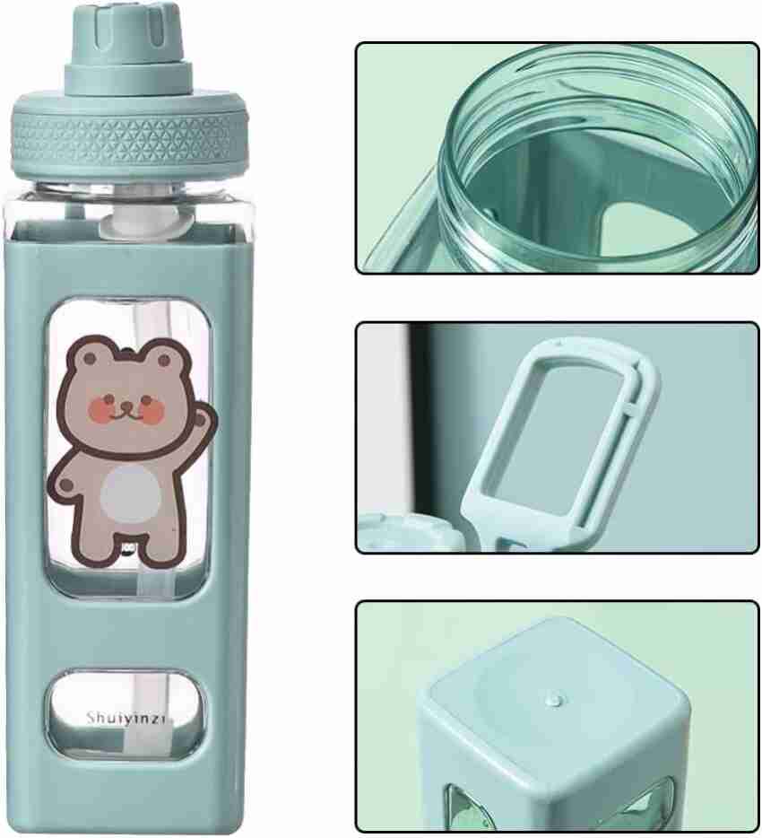 Kawaii Water Bottle With Straw And Sticker 23.6Oz No Leak Large Cute Kawaii  Bear Water Bottles Sport Plastic Portable Square Drinking Bottle For Kids