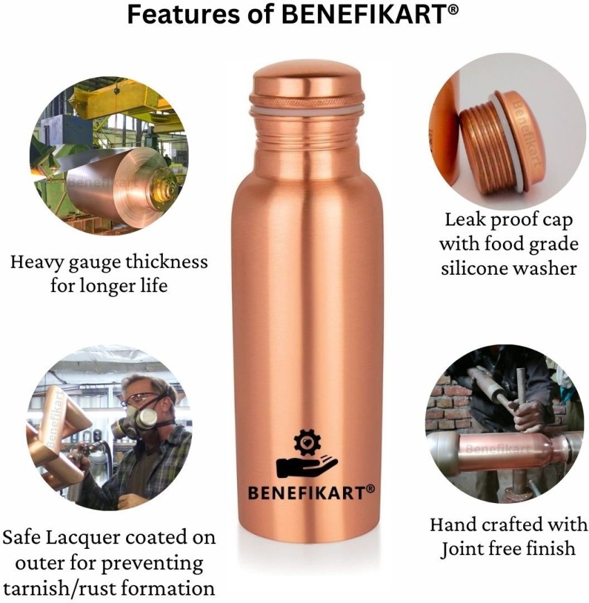 BENEFIKART Copper Water Bottle with Sipper and straw, 500ml Capacity, Plain Copper