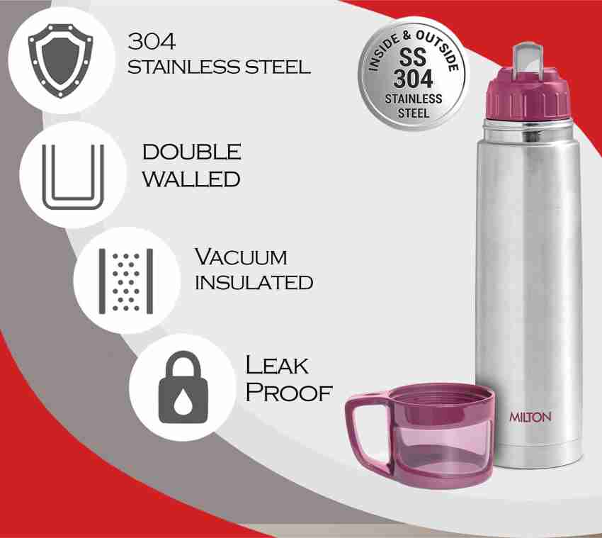 Milton Thermosteel Glassy 1000, Double Walled Vacuum Insulated 1000 ml | 34  oz | 24 Hours Hot and Cold Water Bottle with Drinking Cup Lid and Cover