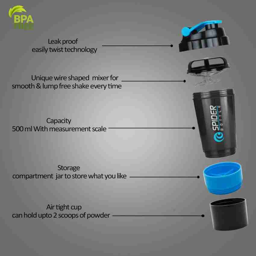 COOL INDIANS SHAKER BOTTLE FOR GYMBPA-FREE AND 100% LEAK-PROOF PROTEIN  SHAKER BOTTLE WITH 2 EXTRA STORAGE COMPARTMENT (500ML SHAKER) (BLACK) 