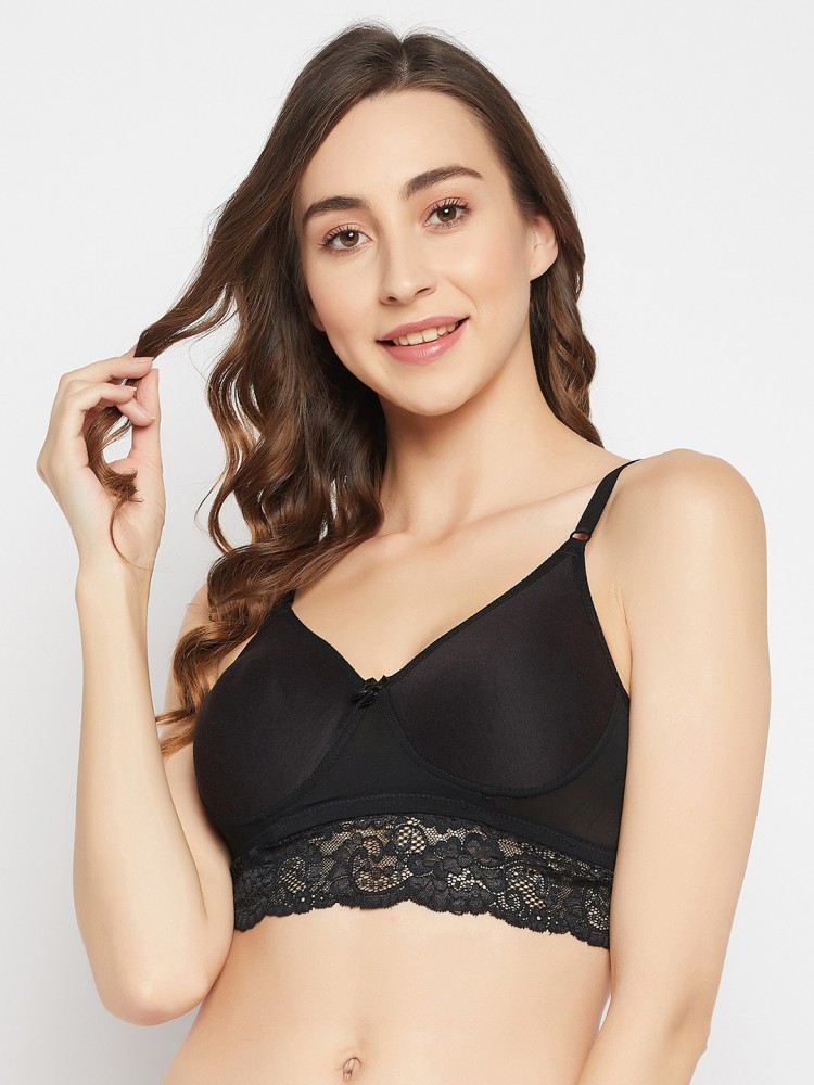 Clovia Lace Solid Padded Full Cup Underwired Bralette Bra - Black
