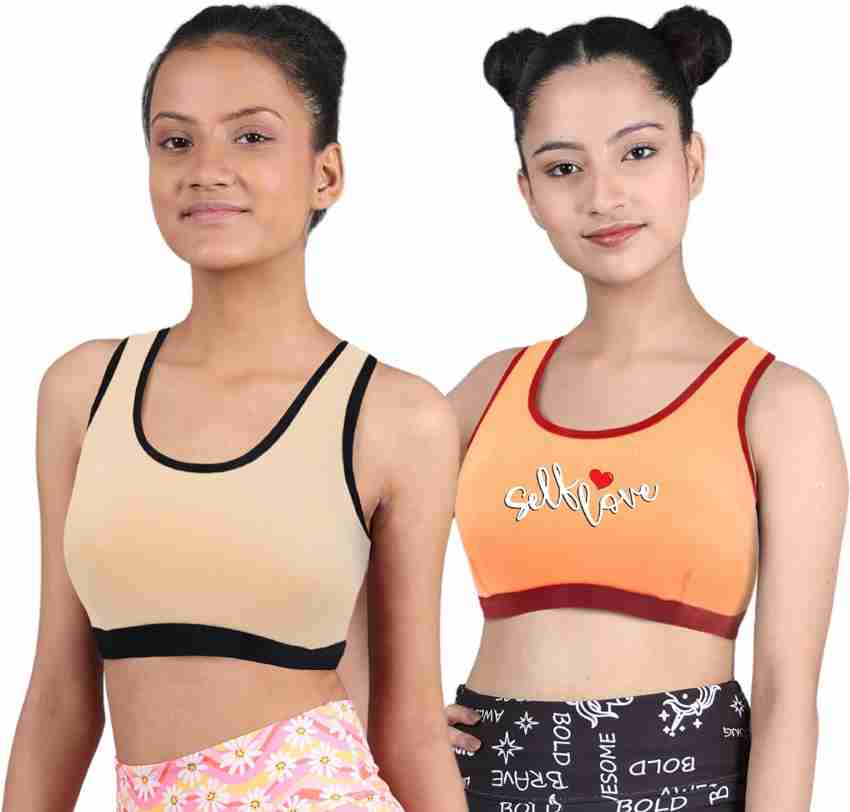 DChica Sports Bra for Women & Girls, Cotton Non-Padded Full Coverage  Beginners Non-Wired T-Shirt Gym Workout Bra with Regular Broad Strap,  Training