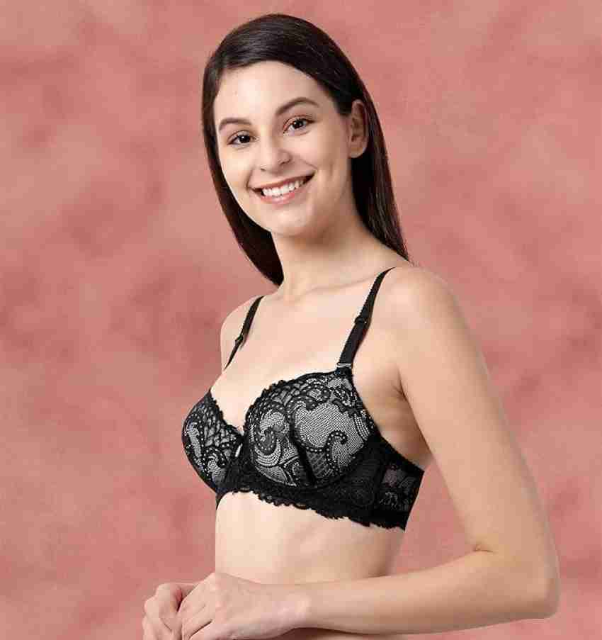 Susie Black Moulded Floral Lace Padded Bra Women Balconette