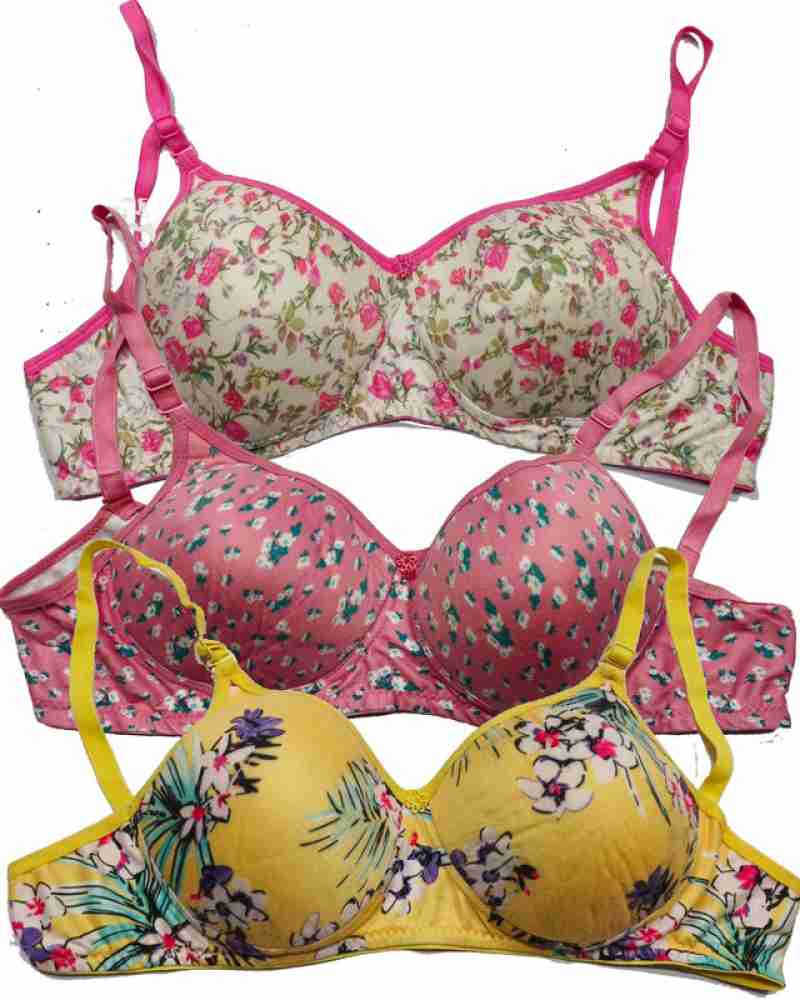 Buy Emavic Women's Cotton Lightly Padded Full Cup Non-Wired T-Shirt Floral  Printed Bra Combo Pack of 3 (FC Padded Bra_Multicolor_30) at