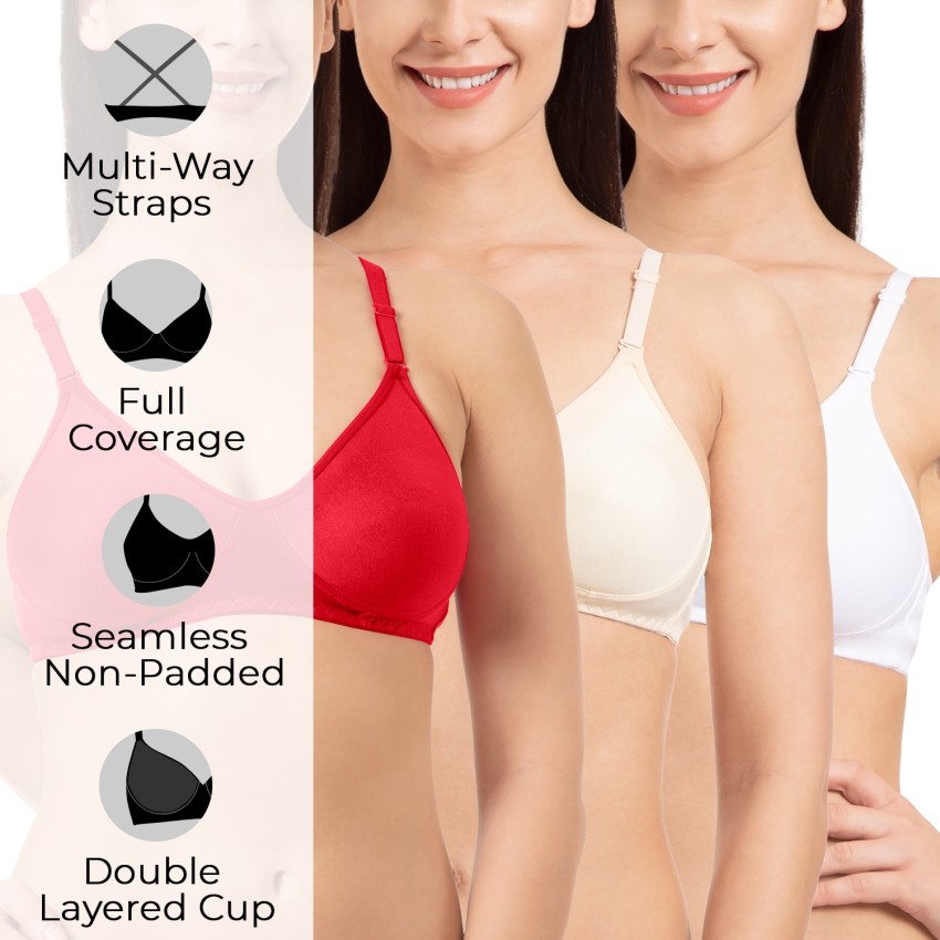 Komli Double Layered Seamless Non-Padded Cotton Rich Full Coverage Bra |  Wireless/Wire-Free | Everyday Bra | Multi-Way Straps | Soft Cup (RED 34C)