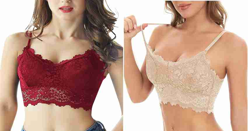 KAMINI Net Lacy Bralette Bra Lightly Padded Bra with Lace Fabric Reguler  And Comfortable Bra Cups (Pack of 2 _ Maroon Pink)