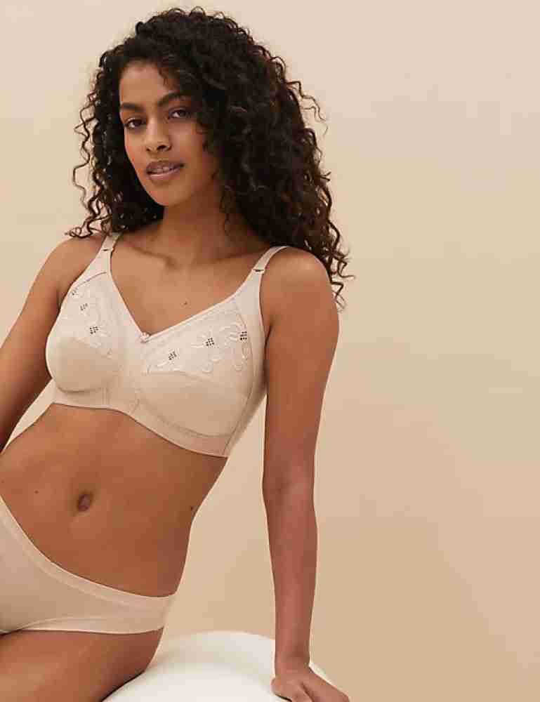 Embroidered Designed Beige Net Bra , Non Padded - Under Wired Bra - By Sexy  Lady
