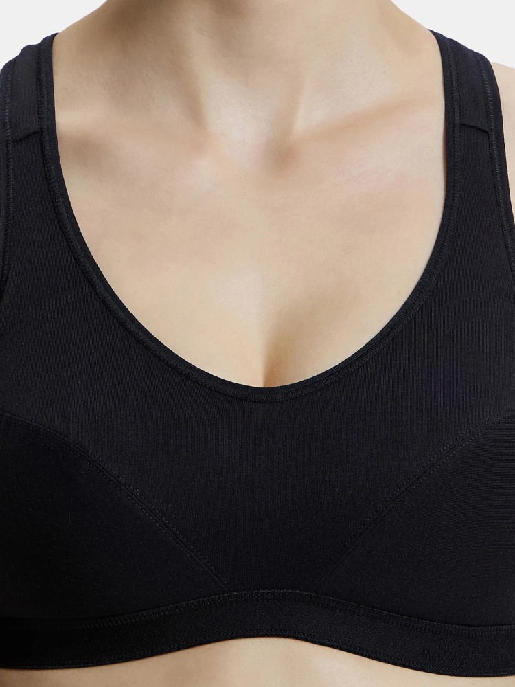 Women's Wirefree Padded Super Combed Cotton Elastane Stretch Full Coverage  Racer Back Active Bra with Stay Fresh and Moisture Move Treatment - Black