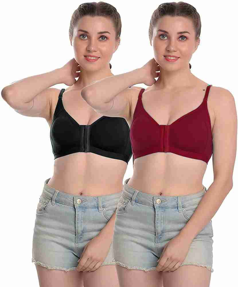 Women's Cotton Non Padded Non-Wired Front Open Bra Multicolor (Pack of 3)