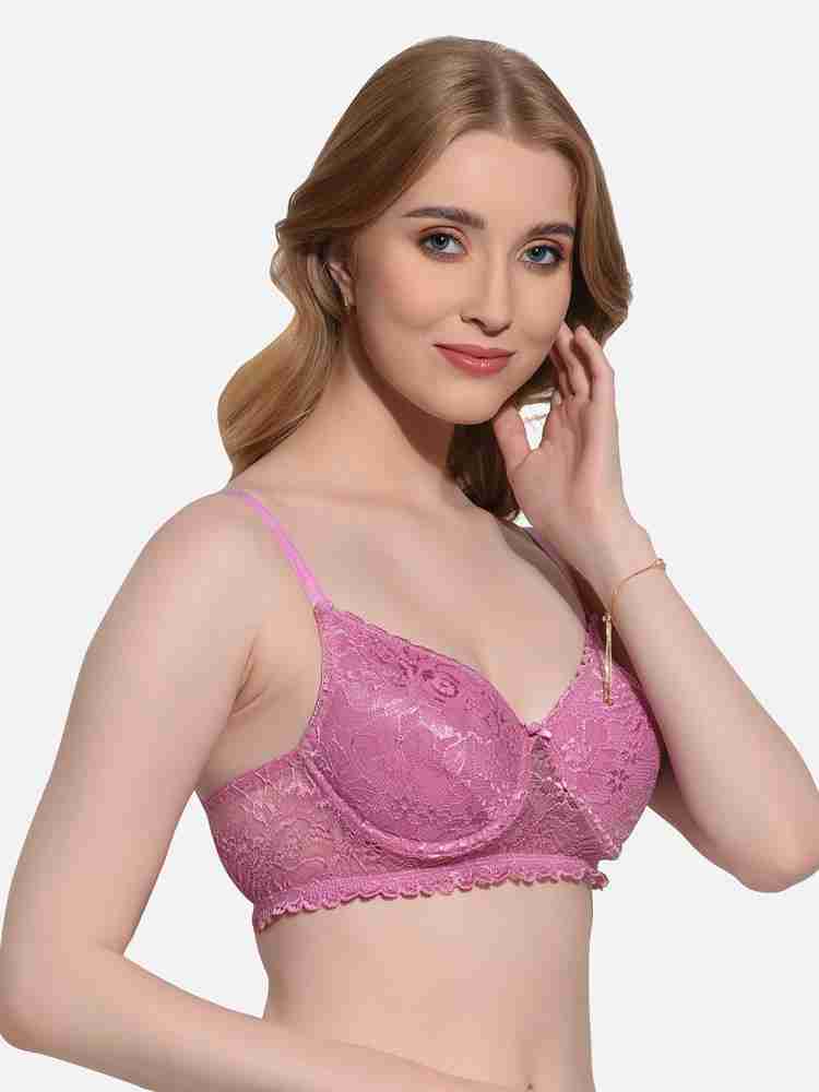 FIMS Women Lycra Floral Lace Padded Bra Wired Pink Women Full