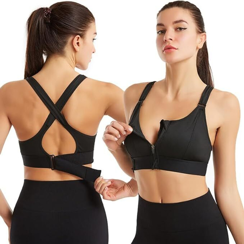 kHWAISHSTORE Women s Lightly Padded Sports Bra For Gym Adjustable Straps Front Zipper Women Sports Lightly Padded Bra