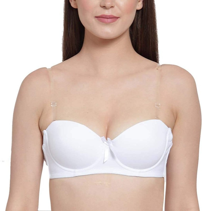 Flicarts Women's Demi Transparent Backless Strapless Invisible Clear Back  Underwired Padded Push Up Everyday Bra(White)