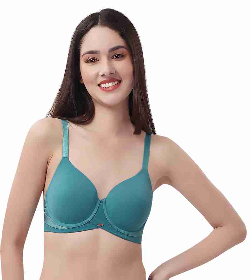 Buy SOIE Women Full Coverage Cotton Spandex Padded Wired T-Shirt Bra with  Mesh Detailing with High Rise Full Coverage Hipster Panty Lingerie Set,  Teal, 32B/S at