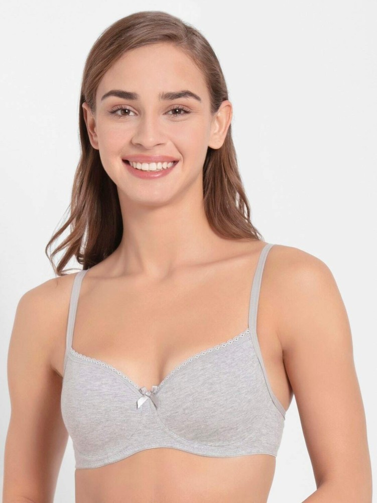 Jockey 1723 Women's Wirefree Padded Super Combed Cotton Elastane Stretch  Medium Coverage Lace Styling T-Shirt Bra with Adjustable Straps_Light Grey