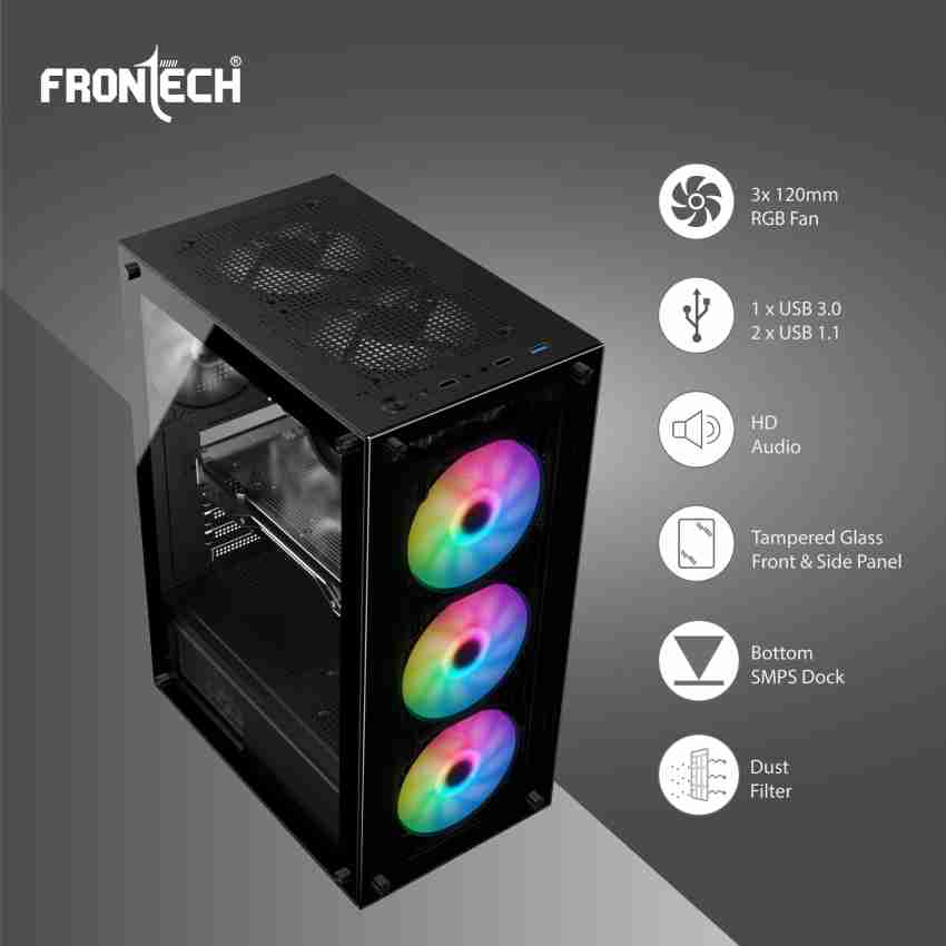 Frontech XYLO Gaming Computer Case with 2-USB 1.1|HD Audio & Tempered Glass  Panel RGB Fan Mid Tower FT-4285 Cabinet