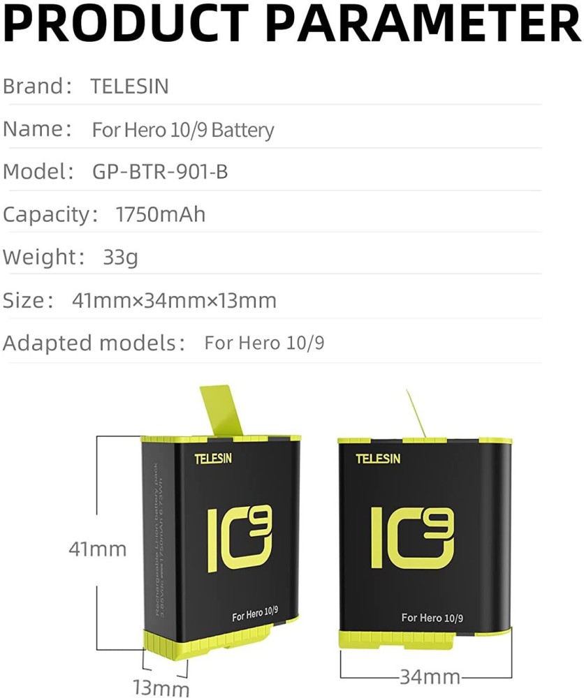 TELESIN-Lot de 3 batteries 1750mAh pour GoPro, 12, 11, 10, 9, 3