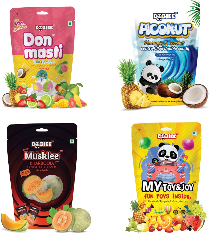 DOBIEE Fruit Flavour Candies Combo Pack of 4 (My Toy&Joy, Muskiee, Don  Masti & Piconut) Double Flavour Candy Price in India - Buy DOBIEE Fruit  Flavour Candies Combo Pack of 4 (My