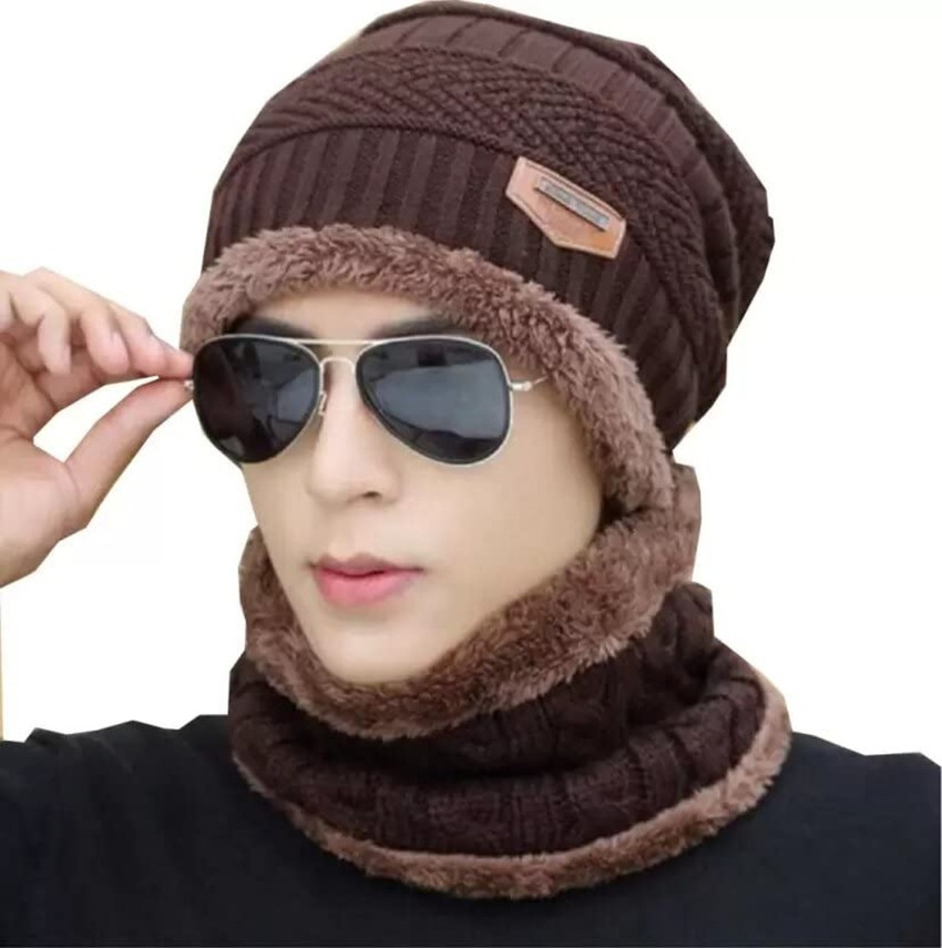 Zonkar Song Tian Brown Unisex Woolen Beanie Cap with Scarf for Men