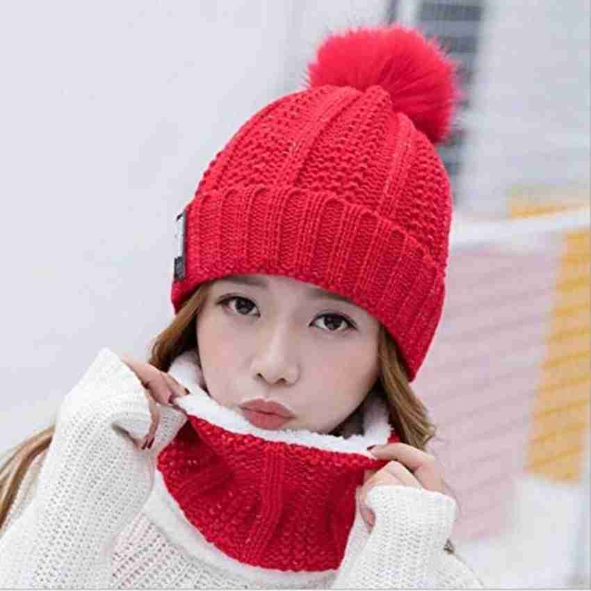 Zonkar Woman Red Woolen Beanie Cap with Scarf Warm Snow Proof Premium High Quality Solid Sports Regular Cap Cap Buy Zonkar Woman Red Woolen Beanie Cap with Scarf Warm Snow Proof Premium