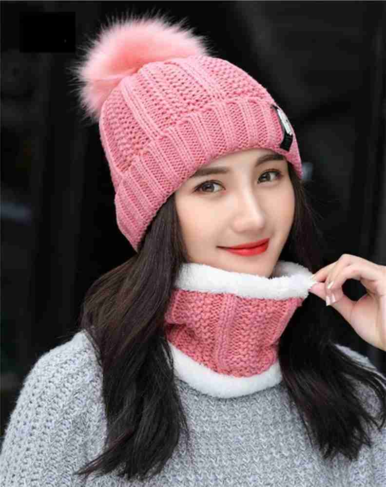 REFFER Woolen Beanie Cap with Scarf Set Stretch Warm Inside Fur Lining for girls Women Beanie Cap