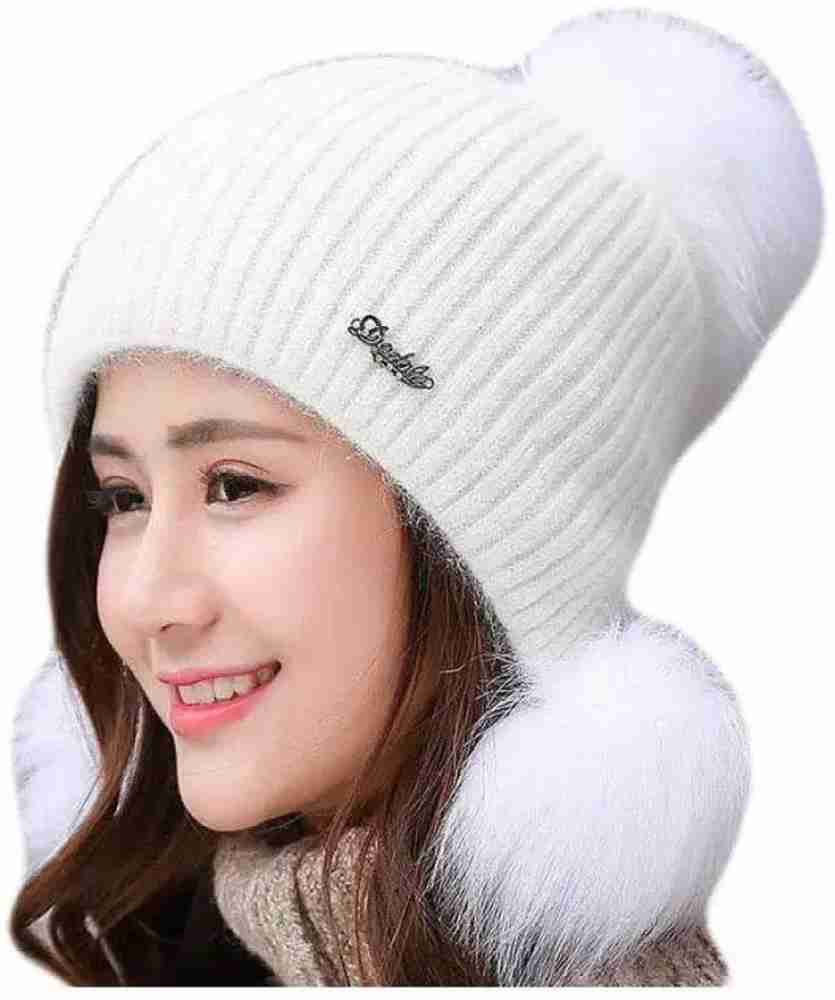 Winter White Pop Pom Pom Beanie Hat
