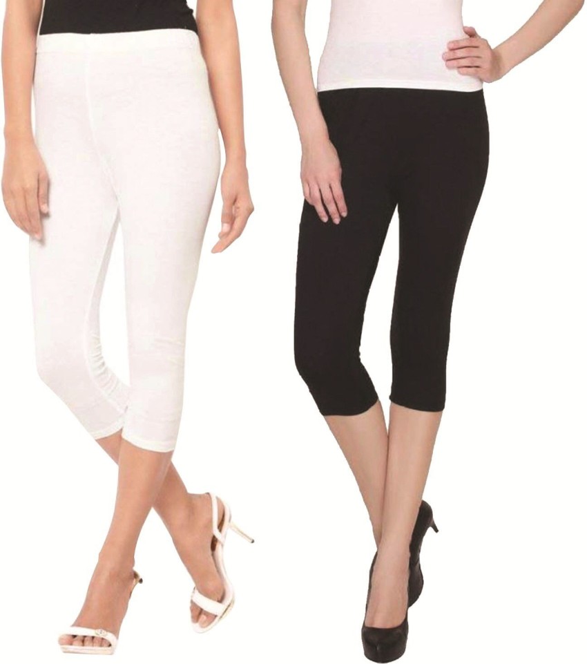 Mia Fashion Stylish Extra Soft Solid Cotton Lycra Black & White Capri for  Women/Girls, Stylish & Slim Fit, Pack of 2