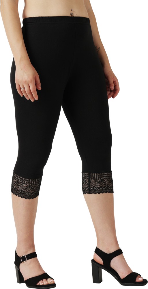  Women Cotton Spandex Short Capri Legging Lace Black / Gorgeous