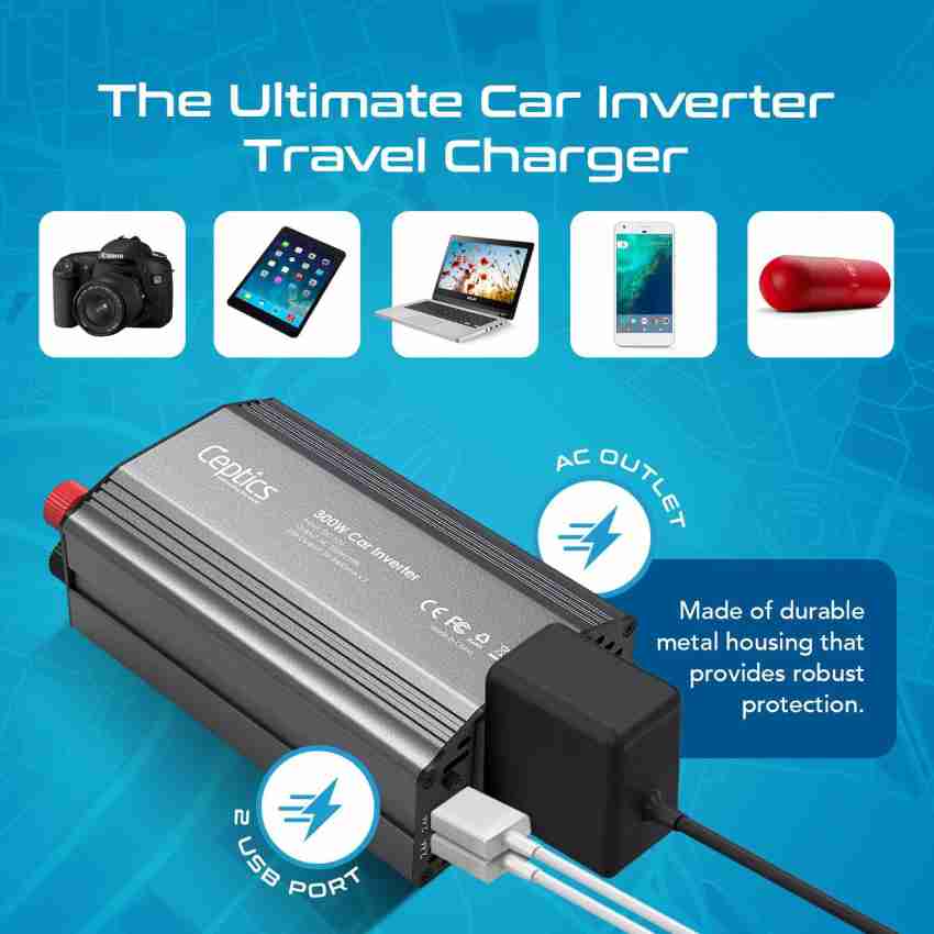 Ceptics 300W Car Charger Power Inverter with SmartVoltage? Technology - 12V  DC to 220V AC, Dual USB with 2.4A - 1 Universal AC Outlet for All Portable