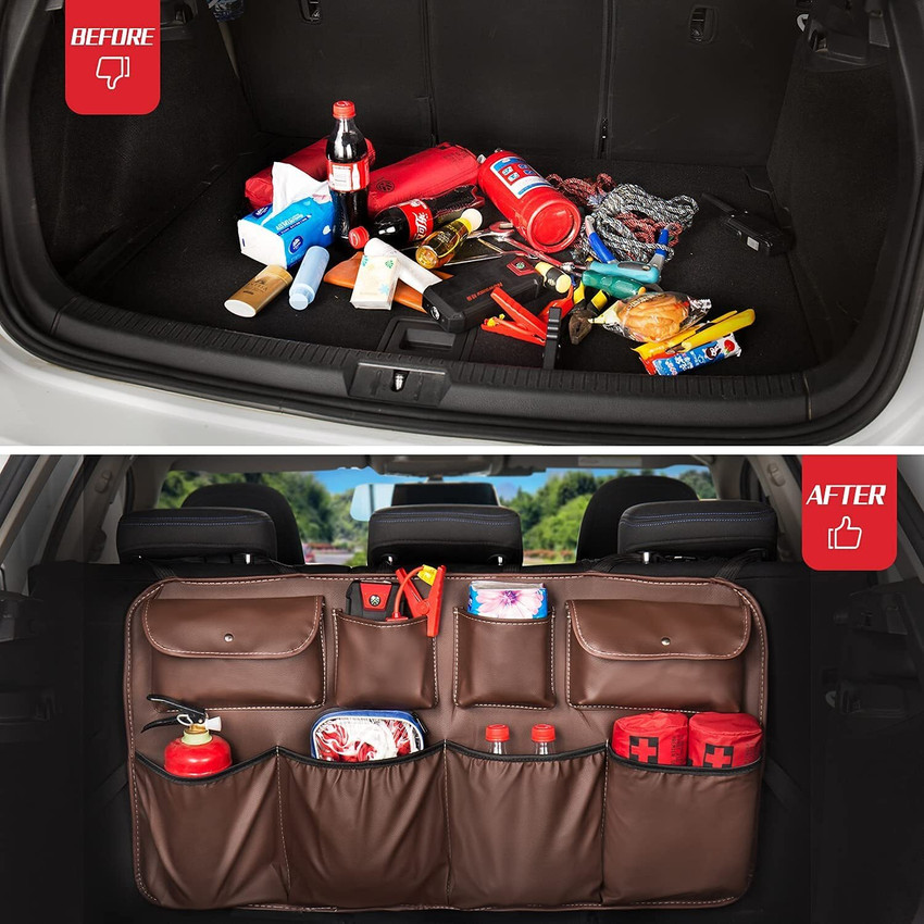 Hukimoyo Beige Car Back Seat Storage Organizer Adjustable Car Boot