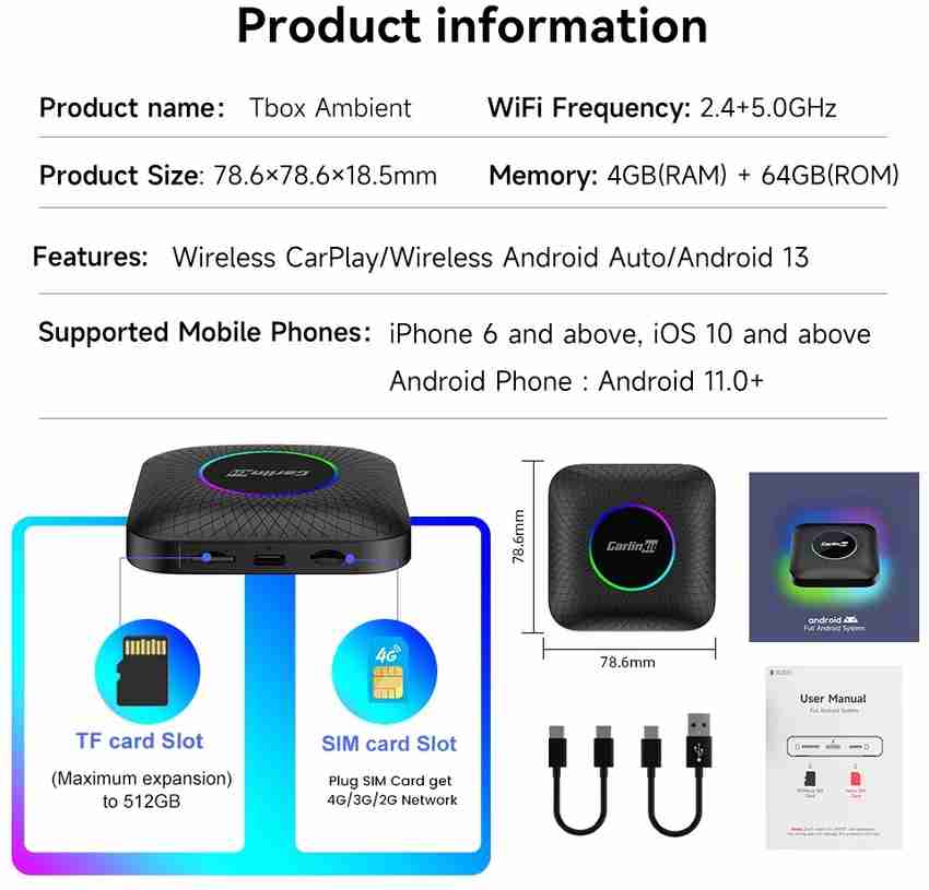 CarlinkIt CPC200-Tbox LED 4+64GB Android 13, 4G SIM Android Auto 