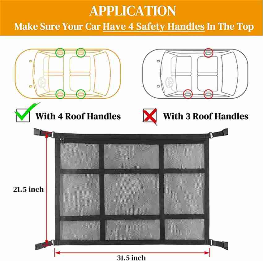 Kaskawise Car Ceiling Cargo Net Pocket,31x21 Adjustable Double-Layer Mesh  SUV Roof Organizer Long Trip Ceiling Storage Net,Car Camping Cargo Net for