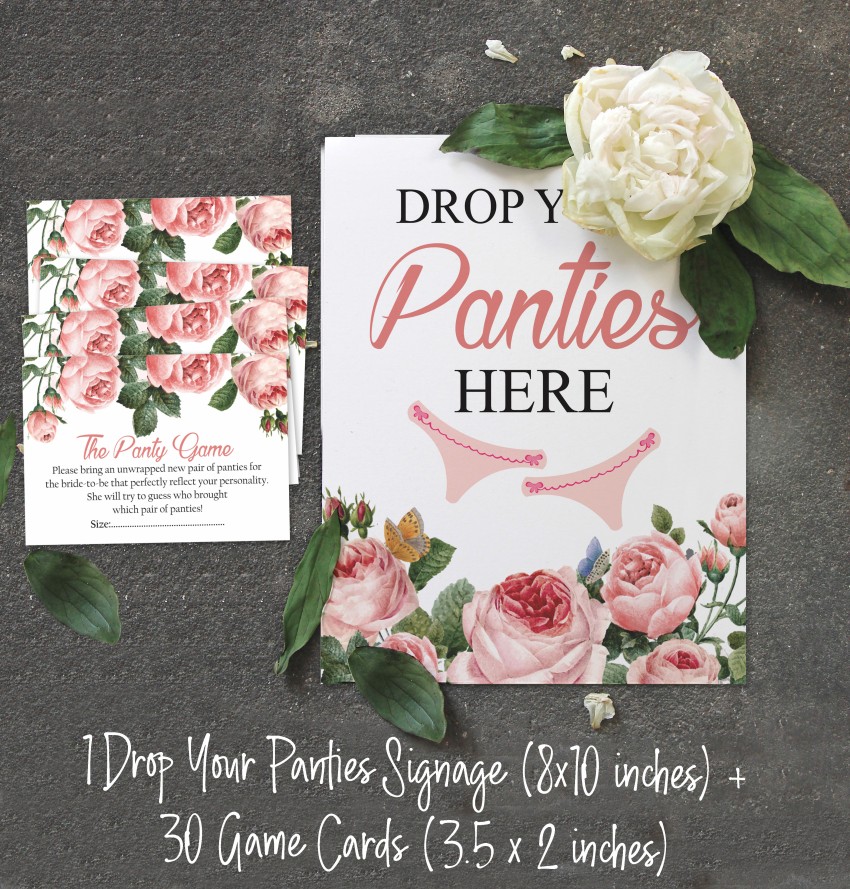 White Drop Your Panties Bachelorette Party Panty Game Floral Bridal Shower  Game 1 Sign + 30 Size Cards