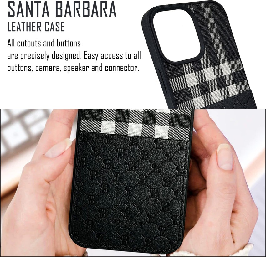 iPhone 14 Pro Cover - Santa Barbara Genuine Leather Card Holder Case Plaid  Series