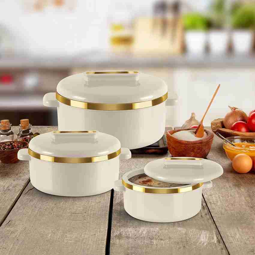 MILTON Curve Inner Steel Casserole Regular Set of 3 840 ml 1300 ml 1880 ml Ivory Pack of 3 Serve Casserole Price in India Buy MILTON Curve Inner Steel Casserole Regular