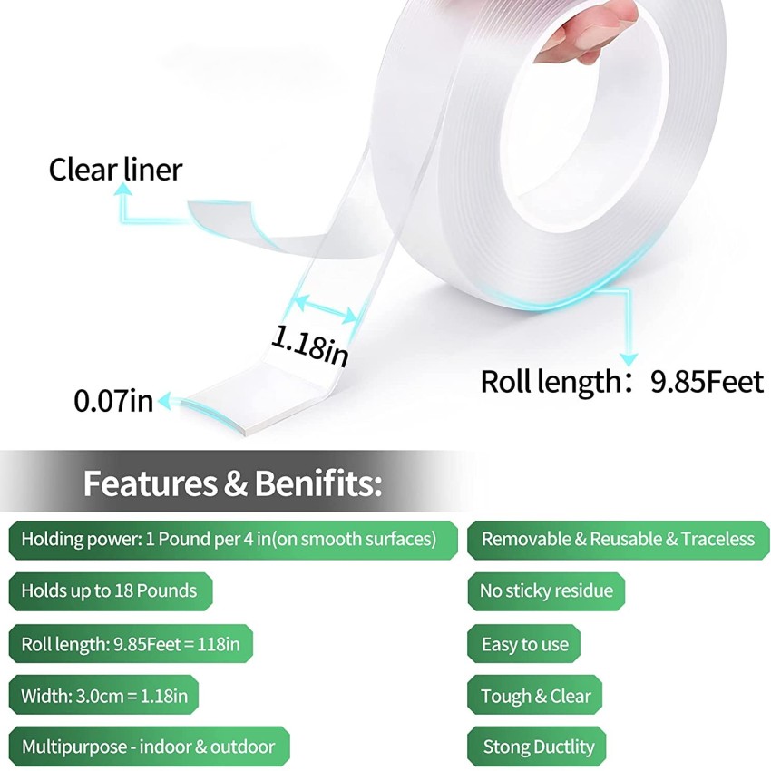 Wovas Nano Double Sided Tape Heavy Duty - Multipurpose Removable Traceless  Mounting Adhesive Tape for Walls?Washable Reusable Strong Sticky Strips Gel  Grip Tape, Carpet Mat Poster Tape for Home Office 3 m