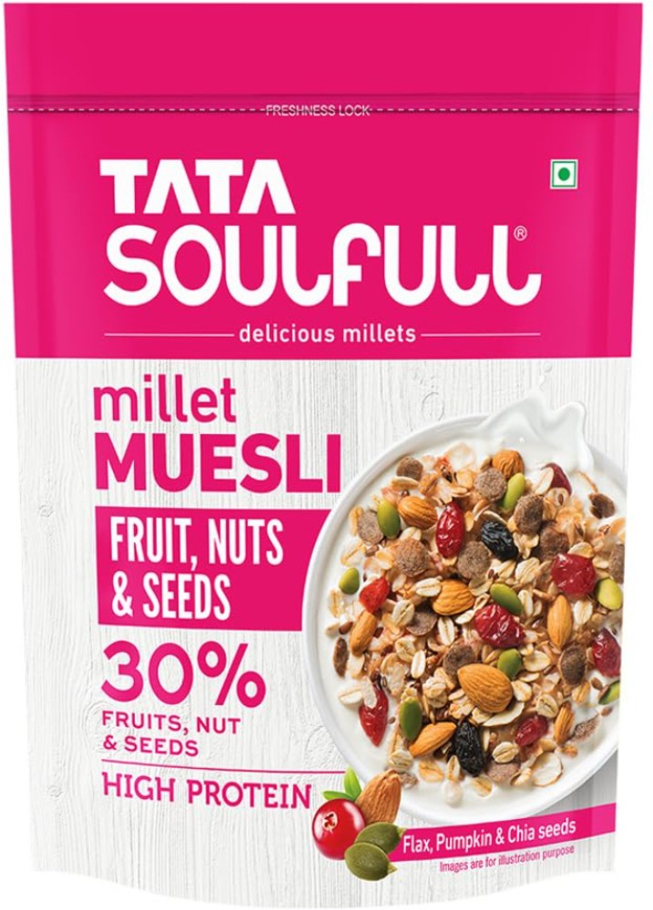 Tata Soulfull Millet Muesli, Fruit Nuts & Seeds, High Protein, Breakfast  Cereal Pouch