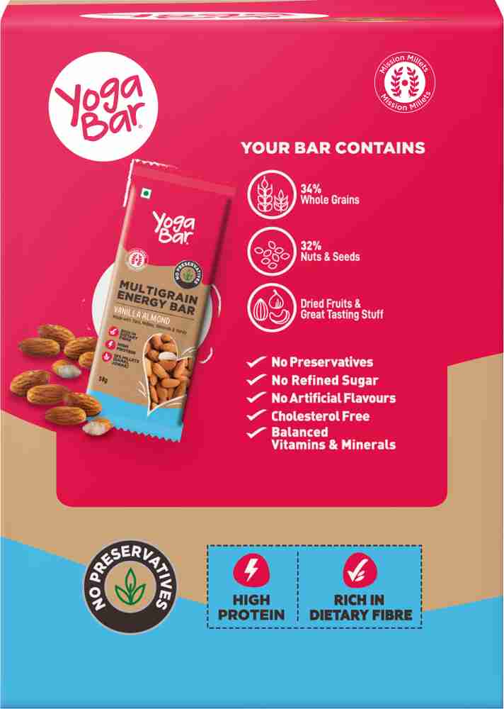 Yogabar Multigrain Energy Bar, Vanilla Almond, Pack of 10, Box Price in  India - Buy Yogabar Multigrain Energy Bar, Vanilla Almond, Pack of 10