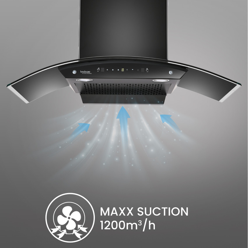 Hindware Smart Appliances Sancia 90 Auto Clean Curved Glass Touch Control Motion Sensor Powerful Suction Wall Mounted Black 1200 CMH Chimney Price in India Buy Hindware Smart Appliances Sancia