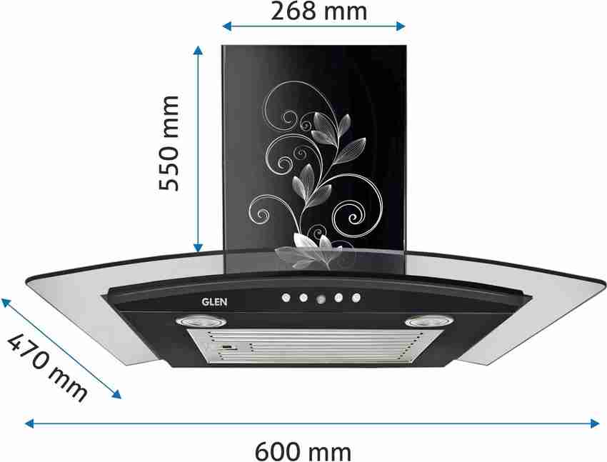 Glen Krysta 60 Curved Glass 60 cm Baffle Filter Low Noise Wall Mounted BLACK 1000 CMH Chimney Price in India Buy Glen Krysta 60 Curved Glass 60 cm Baffle Filter