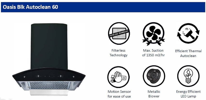 Hindware OASIS BLK 60 1350CMH WITH MOTION SENSOR Auto Clean Wall Mounted BLACK 1350 CMH Chimney Price in India Buy Hindware OASIS BLK 60 1350CMH WITH MOTION SENSOR Auto Clean Wall