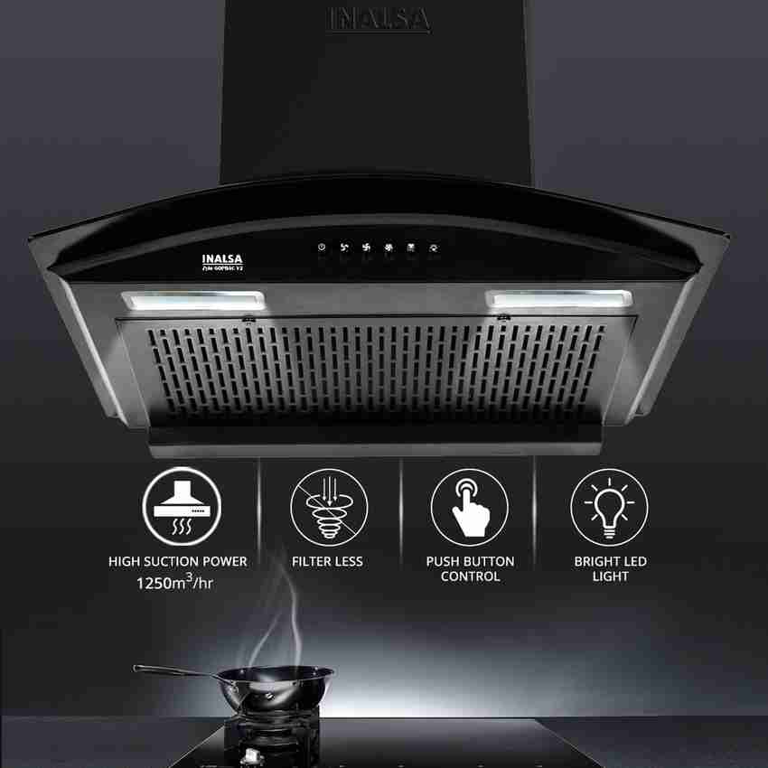 Inalsa Zylo 60PBAC Filterless 1250 m hr Curved Glass Push Button Control Auto Clean Wall Mounted Black 1250 CMH Chimney