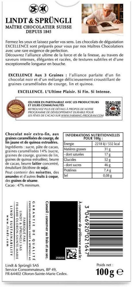 Tablette de chocolat Lindt Excellence noir 78% 100 grammes