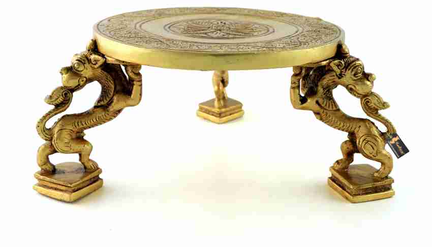 Ethnic newest Design Brass Handmade Chowki over Yali Legs, Antique, Temple Stool, Brass Pooja Chowki for Home Temple, Religious Home Decor