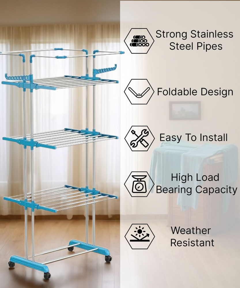 Flipkart SmartBuy Steel Floor Cloth Dryer Stand Stainless Steel Double Pole 3 Layer Cloth Drying Stand with Hanger Price in India Buy Flipkart SmartBuy Steel Floor Cloth Dryer Stand Stainless Steel