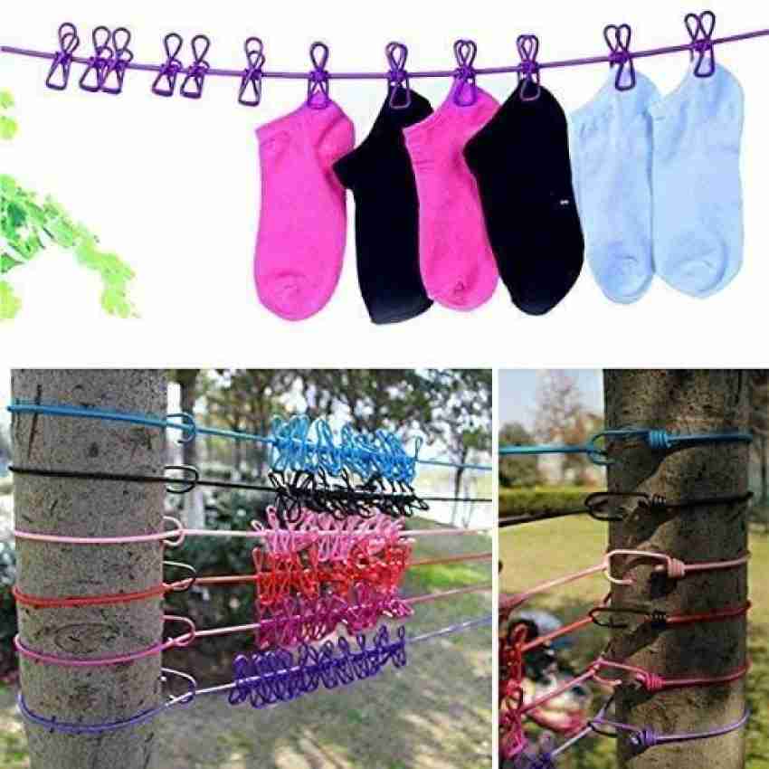Clothes Hanging 2 Hook Drying Rope 12 Clips Portable Outdoor