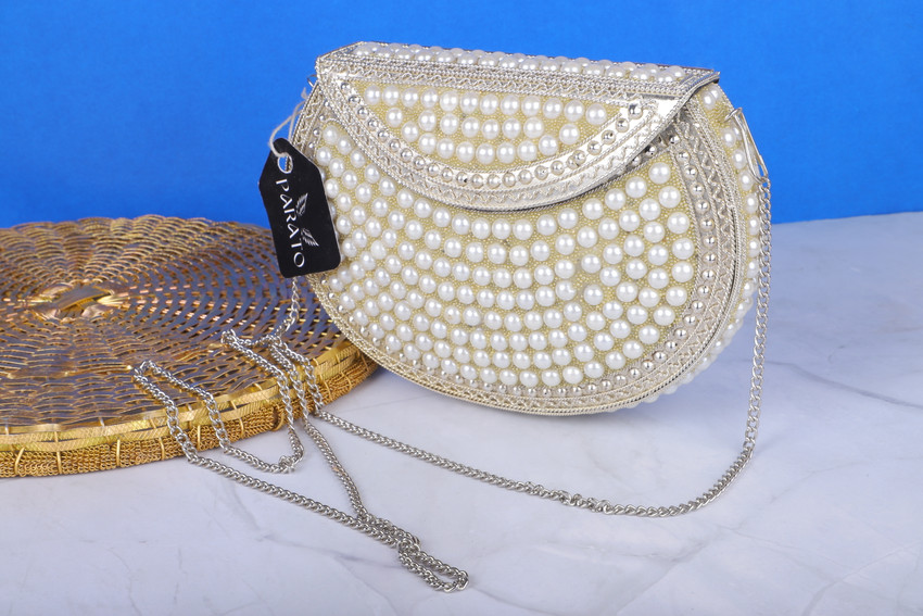 Parato White Clutch White pearls Decorated Metal Clutch White Price in India Flipkart